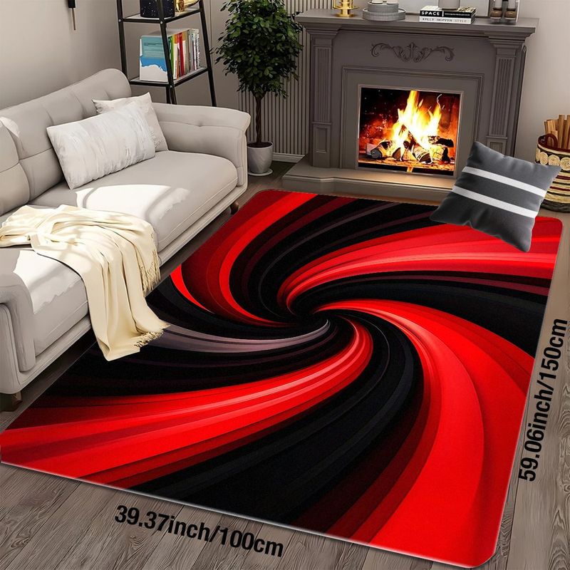 Printed Rug Abstract - Flanell Bedruckter Rot-Schwarzer Spiralteppich Dynamisches Wellendesign