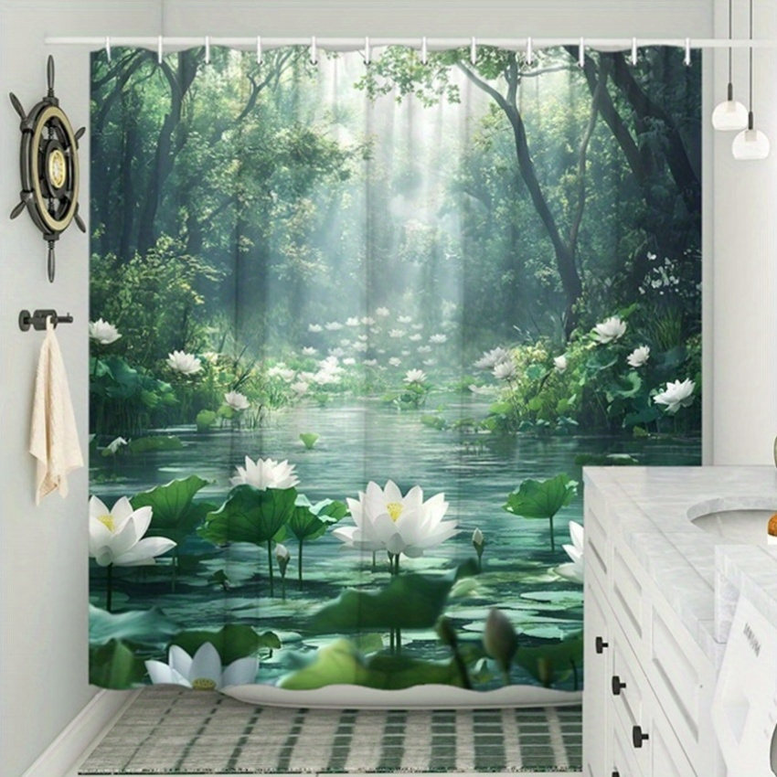 Interior Design Zen - Lotus Forest Duschvorhang, Polyester, bedruckt, Heimdekoration,