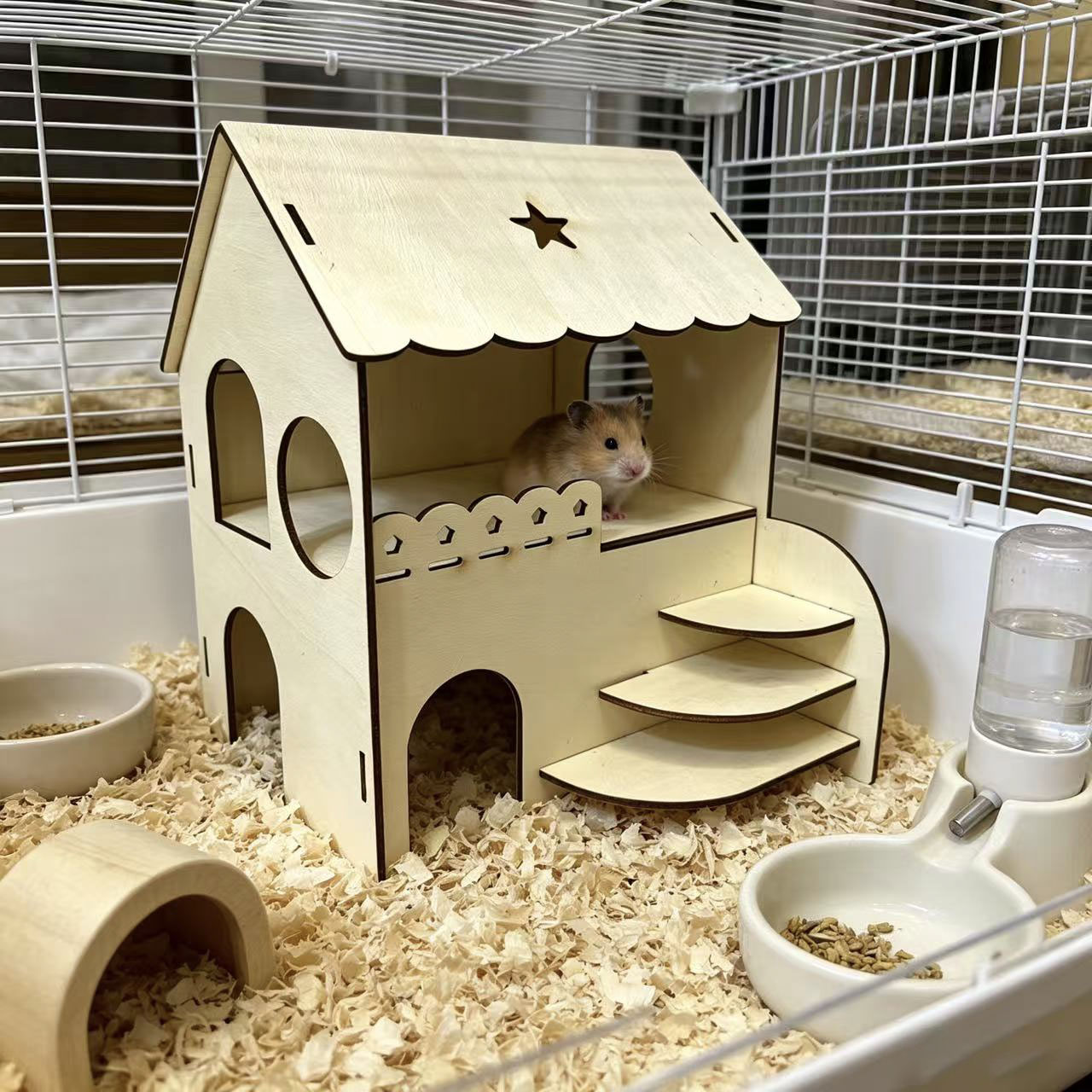 Interior Design Gold - Zweistöckiges Holzhaus für Hamster mit Treppe,